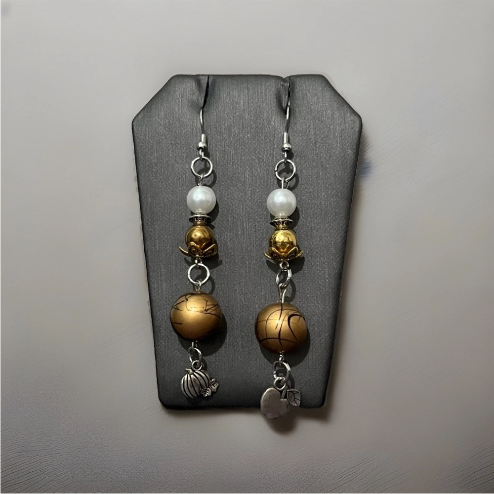 Handmade Fall Halloween Pumpkin And Apple Bead Dangle Earrings Gold Faux Pearl